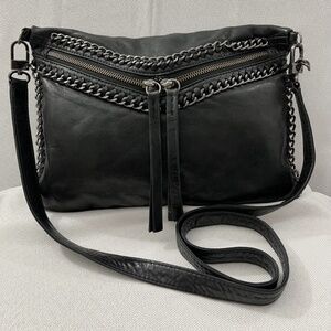 Stunning Treesje Black Leather Crossbody bag with metal chain design. Unique!